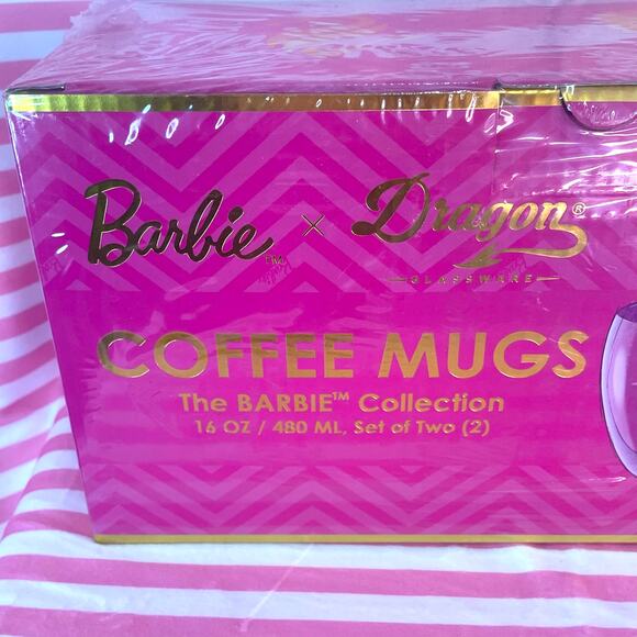 NIP Barbie x Dragon Glass pink double walled coffee mugs new in box never used - Picture 3 of 4